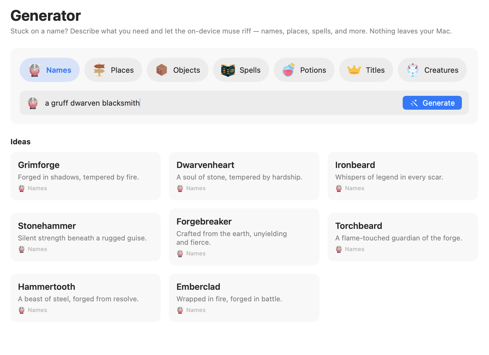 Everwrite on-device generator with categories for names, places, objects, spells, potions, titles, and creatures